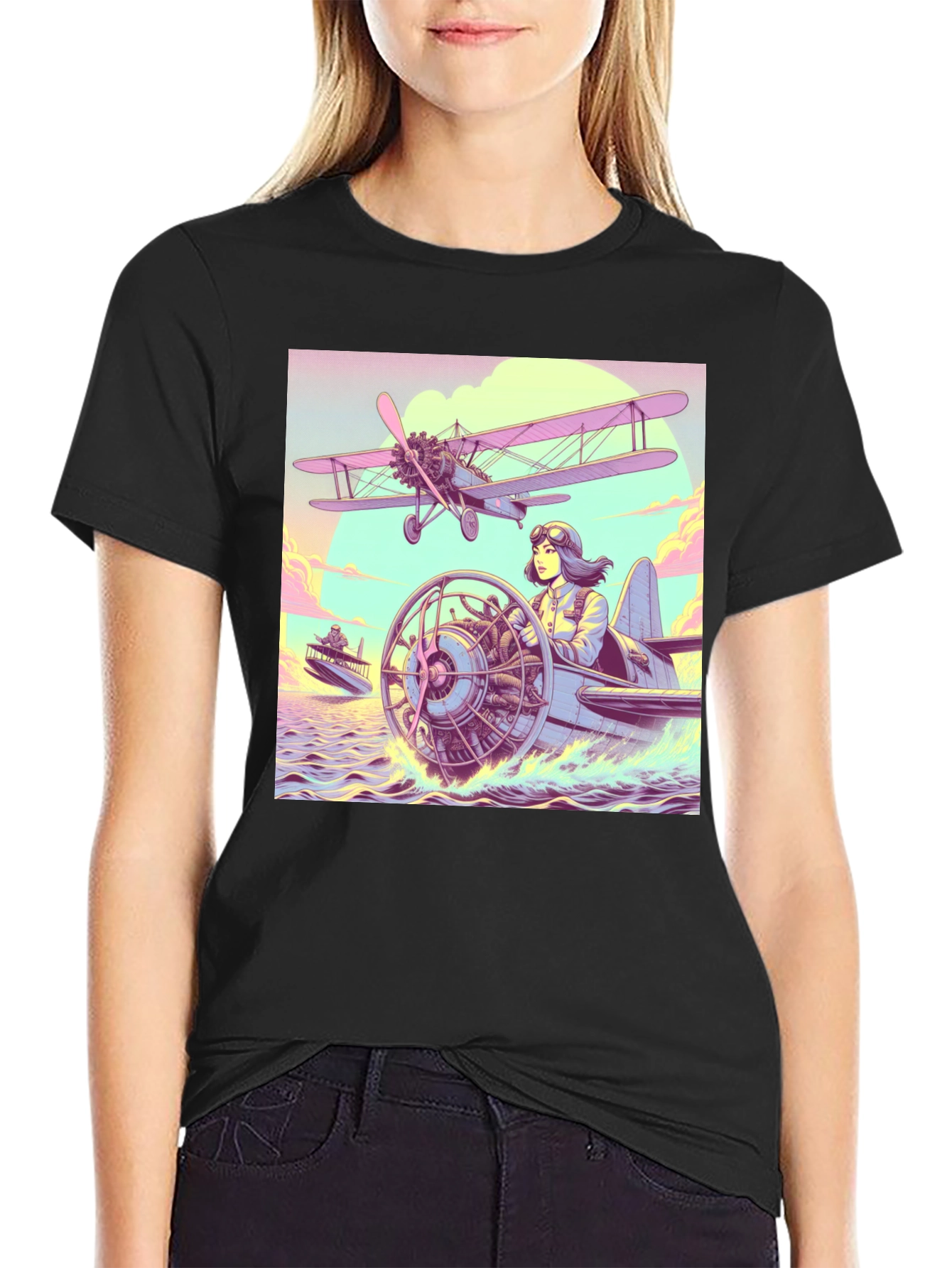 Retro Aviation T-Shirt - Pilot in Seaplane Design