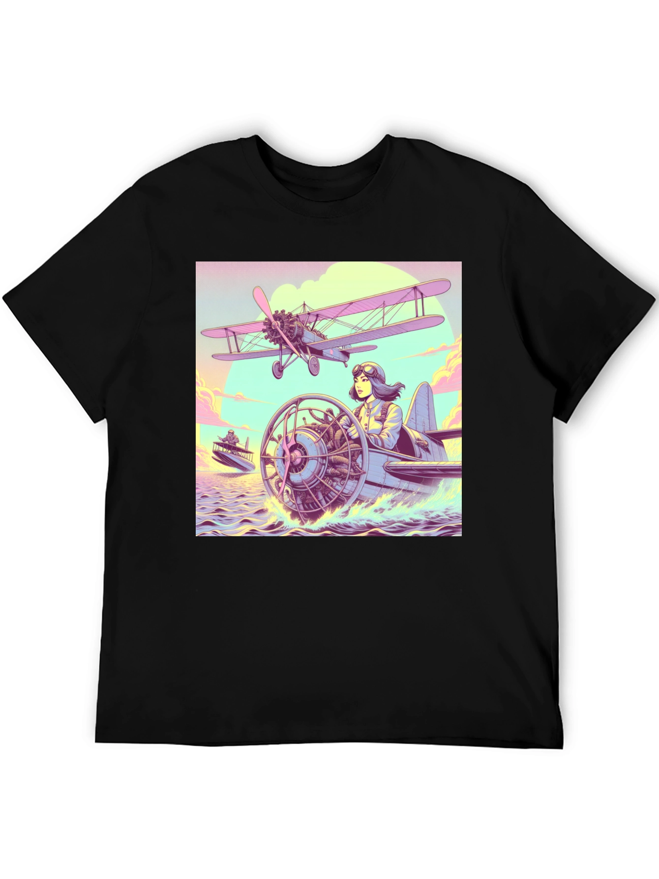 Retro Aviation T-Shirt - Pilot in Seaplane Design