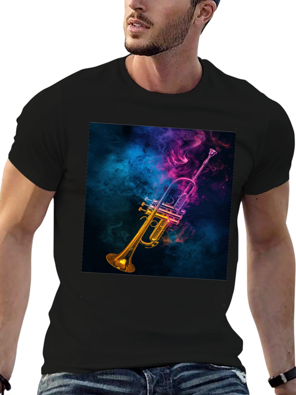 Vibrant Trumpet Graphic Tee - Music Lovers Black T-Shirt