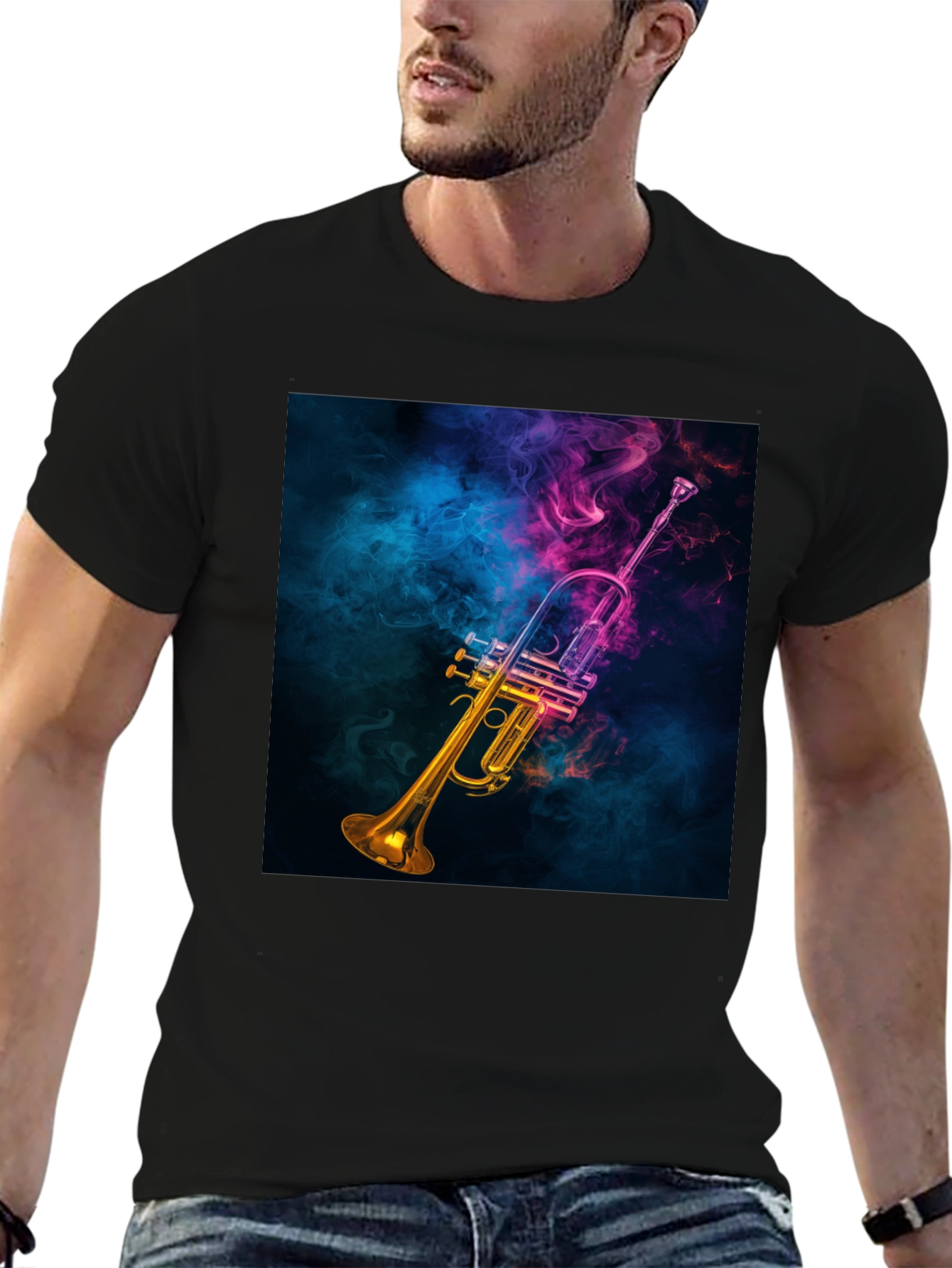 Vibrant Trumpet Graphic Tee - Music Lovers Black T-Shirt