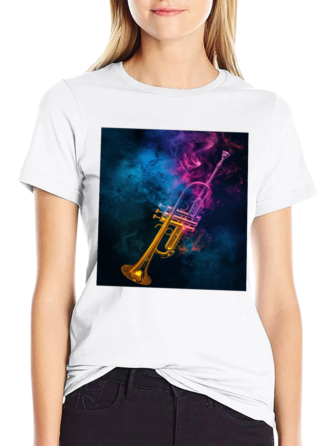 Vibrant Trumpet Graphic Tee - Music Lovers Black T-Shirt