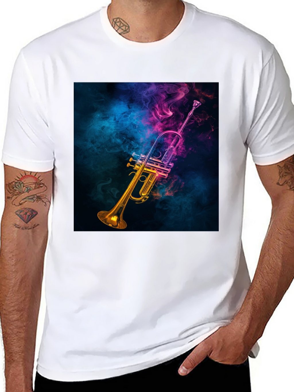 Vibrant Trumpet Graphic Tee - Music Lovers Black T-Shirt