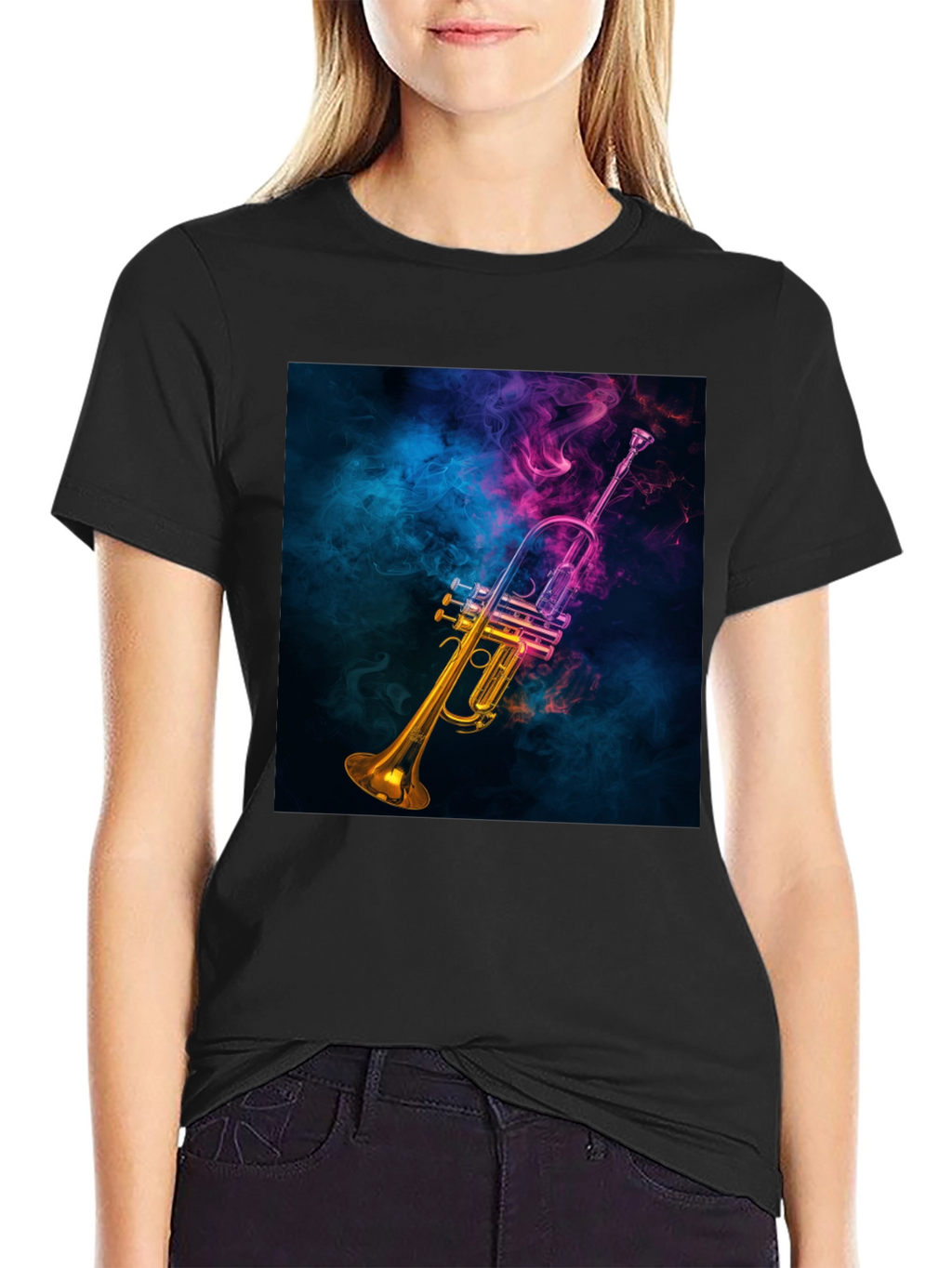 Vibrant Trumpet Graphic Tee - Music Lovers Black T-Shirt