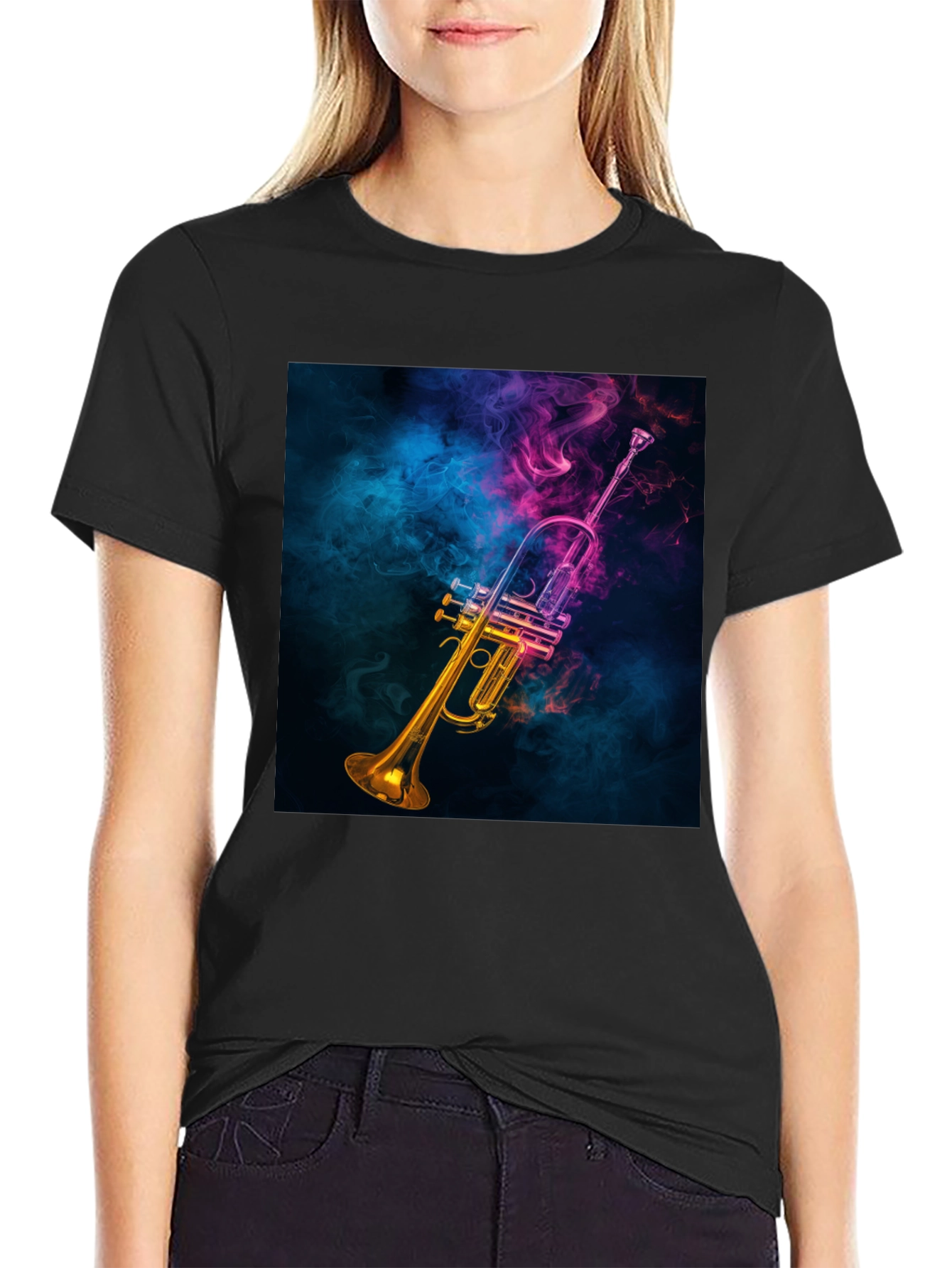 Vibrant Trumpet Graphic Tee - Music Lovers Black T-Shirt