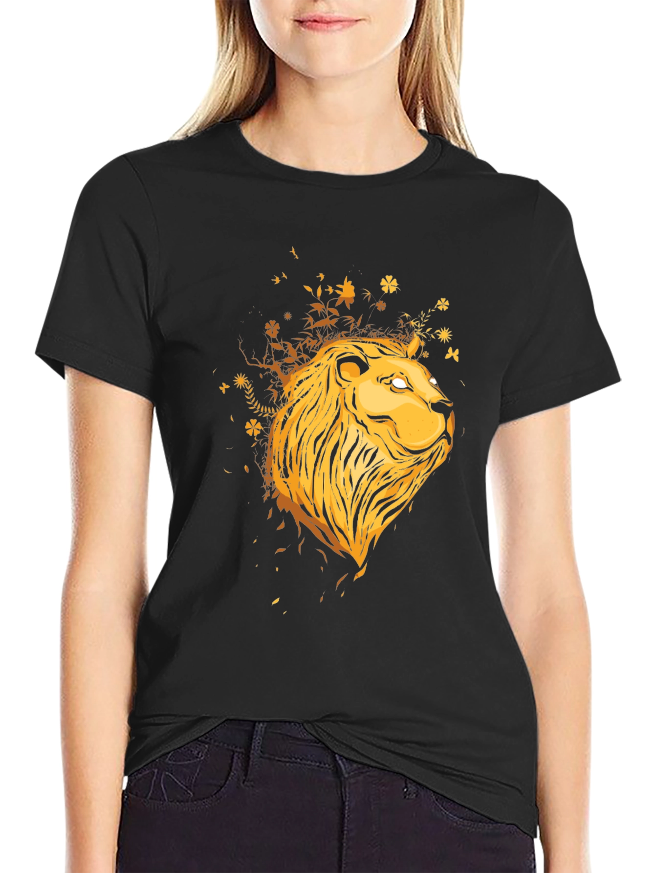 Lion Head Graphic Print Black T-Shirt