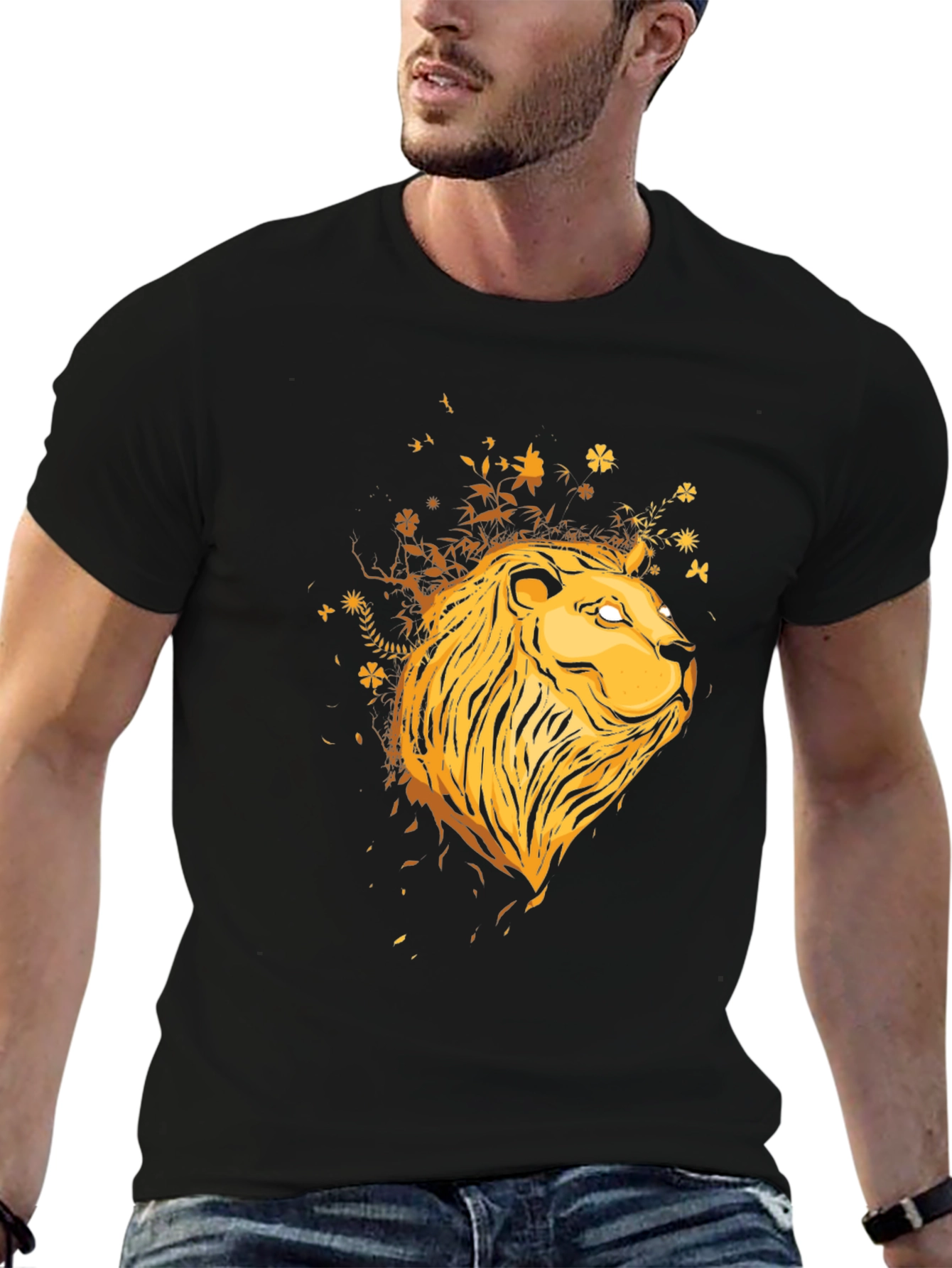 Lion Head Graphic Print Black T-Shirt