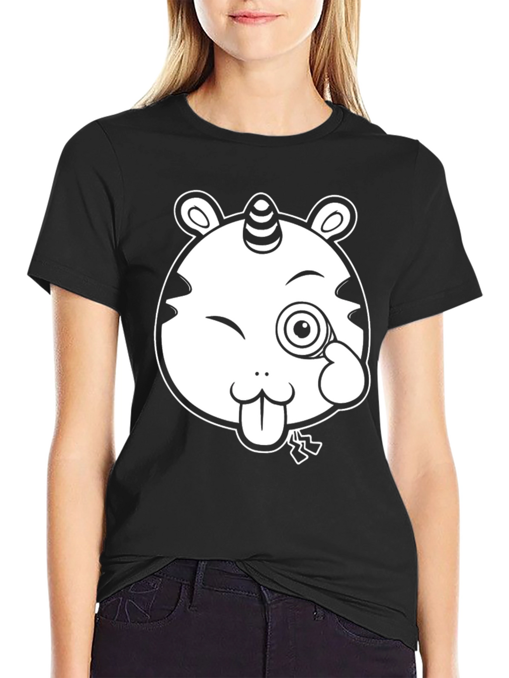 Unicorn-Tiger Cartoon Graphic Black Tee