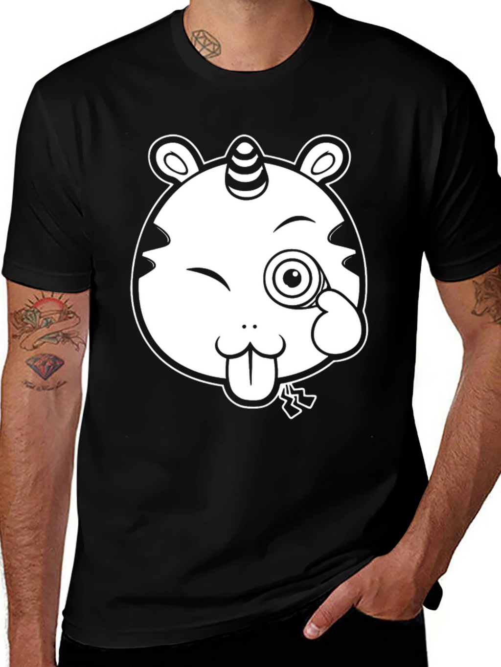 Unicorn-Tiger Cartoon Graphic Black Tee