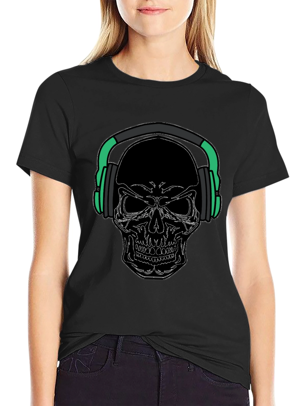 Skull with Headphones Graphic Tee - Black