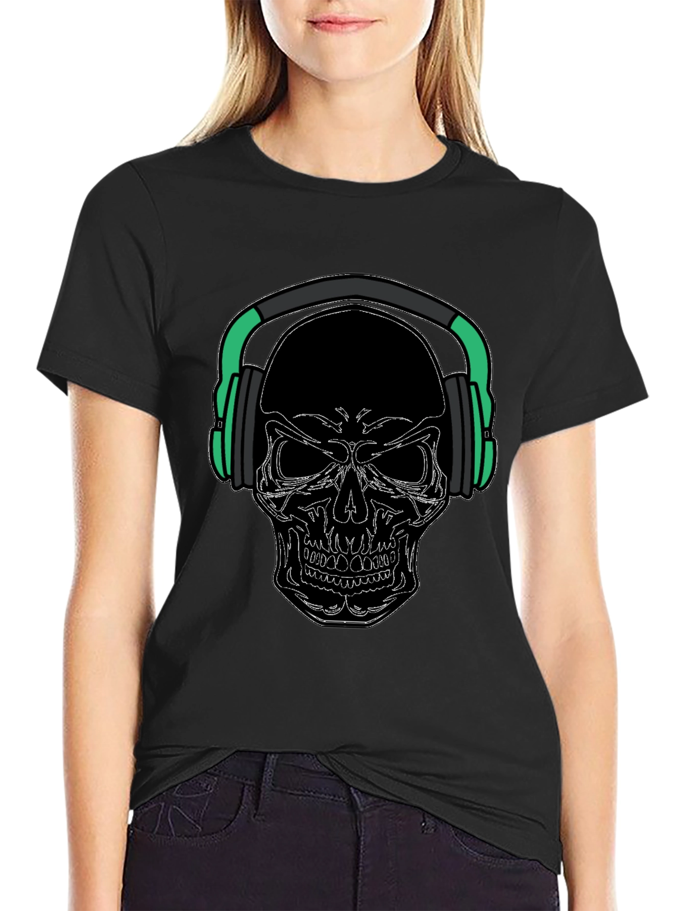 Skull with Headphones Graphic Tee - Black