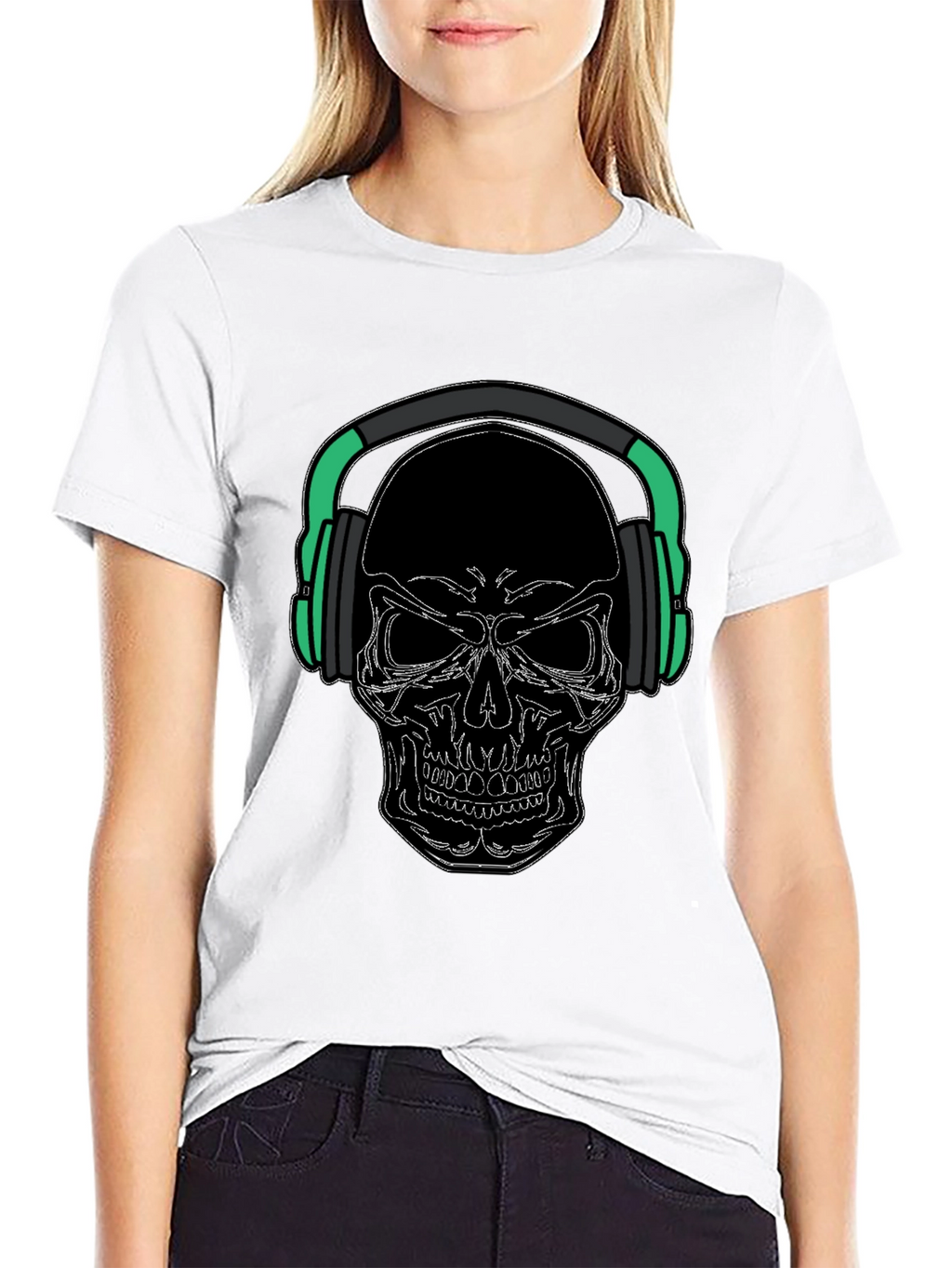 Skull with Headphones Graphic Tee - Black