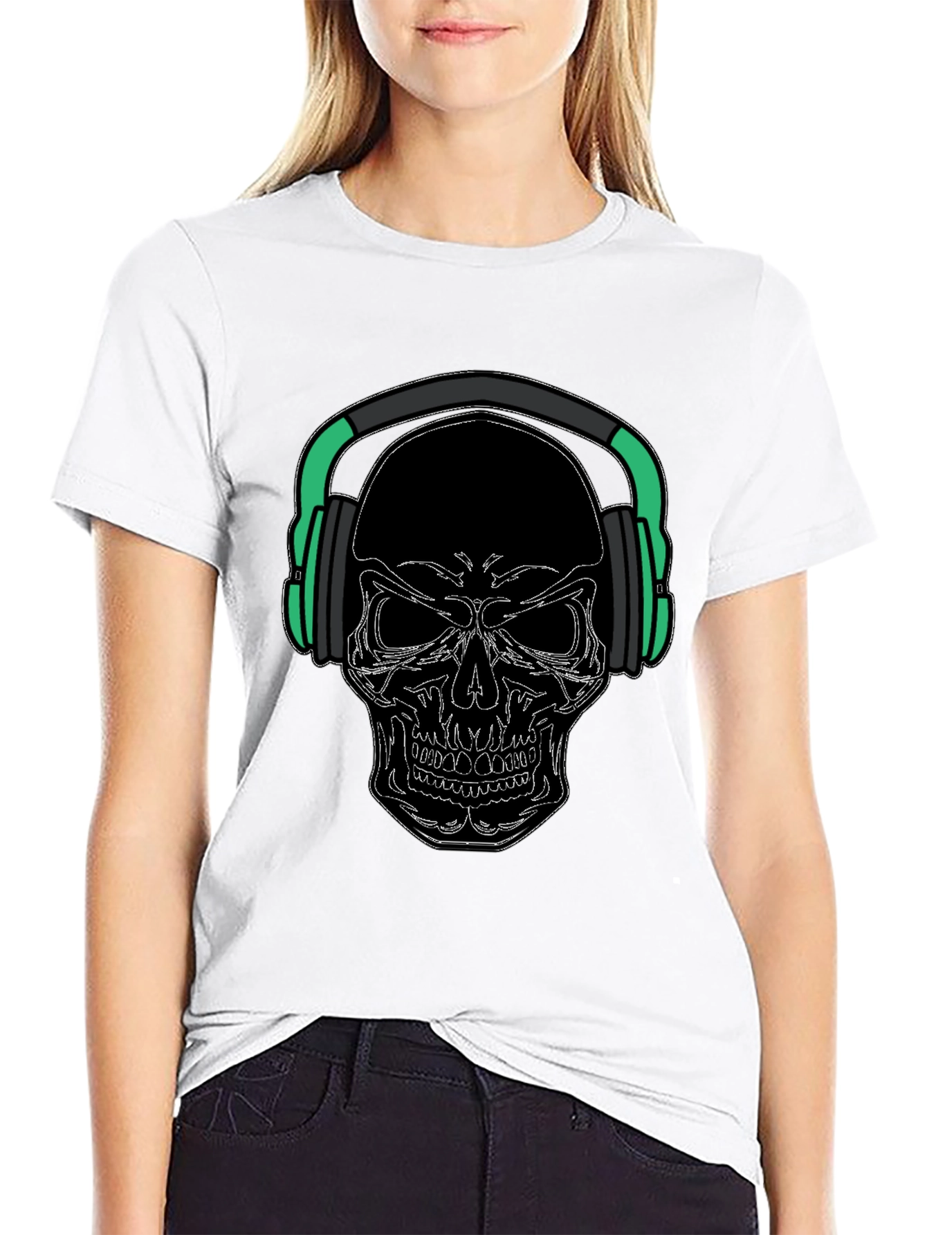Skull with Headphones Graphic Tee - Black