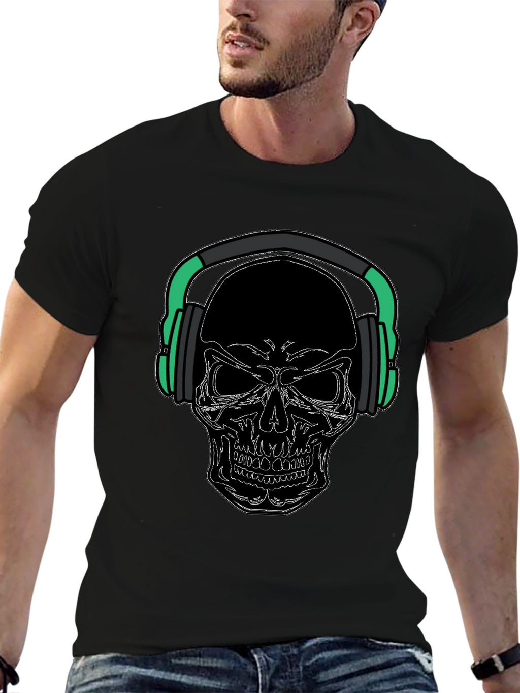 Skull with Headphones Graphic Tee - Black