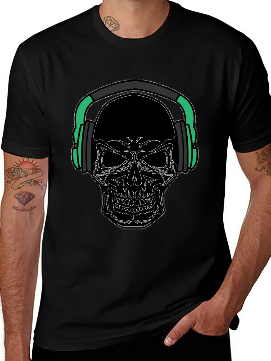 Skull with Headphones Graphic Tee - Black