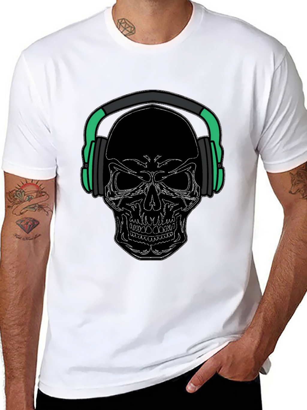 Skull with Headphones Graphic Tee - Black