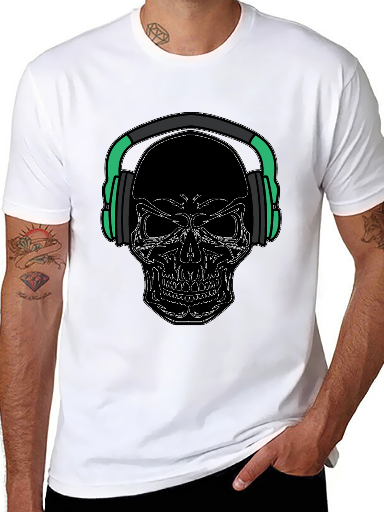 Skull with Headphones Graphic Tee - Black