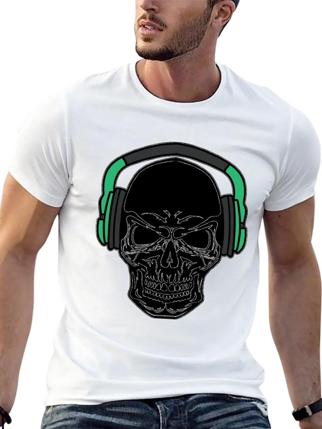 Skull with Headphones Graphic Tee - Black