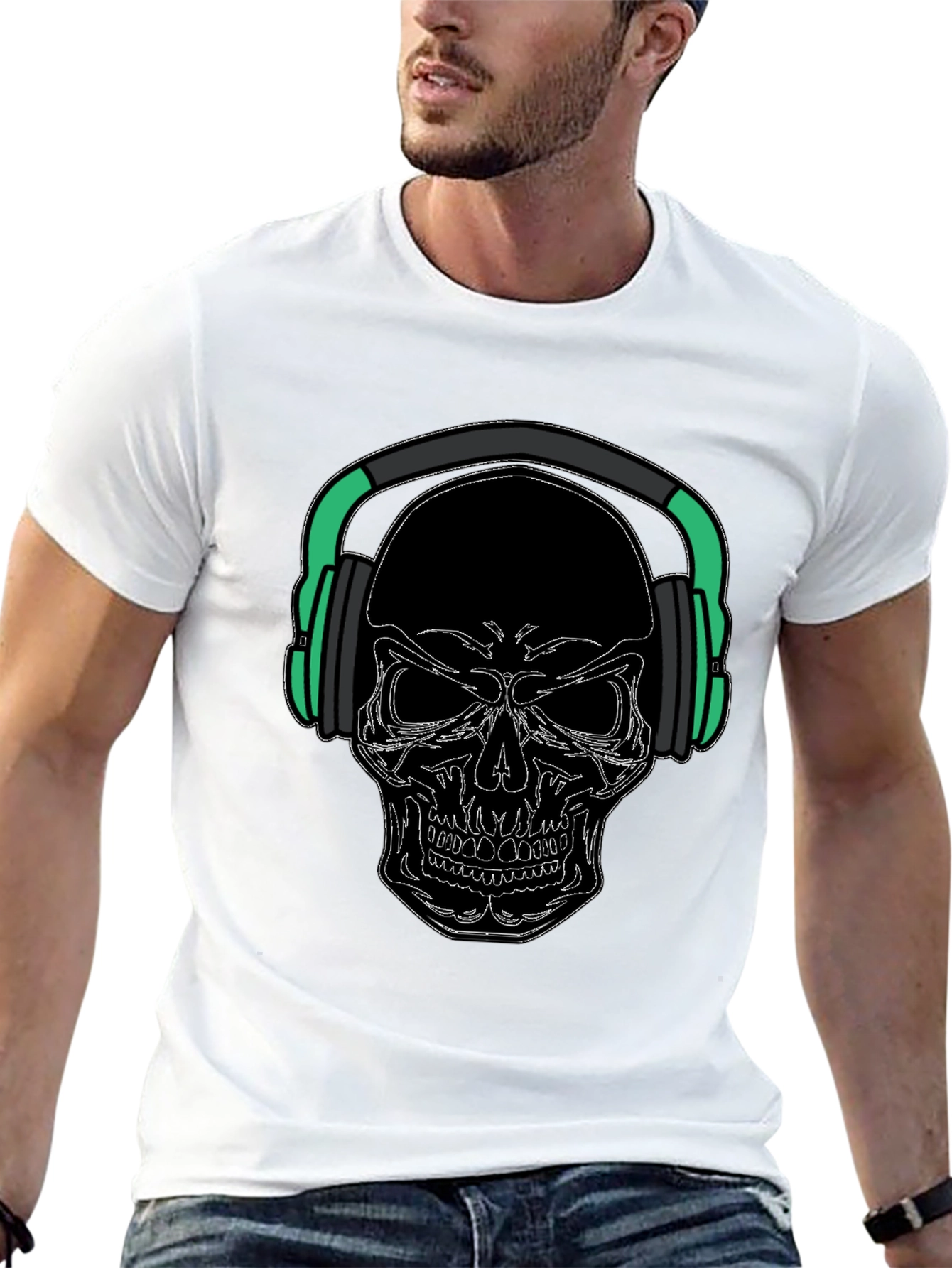 Skull with Headphones Graphic Tee - Black