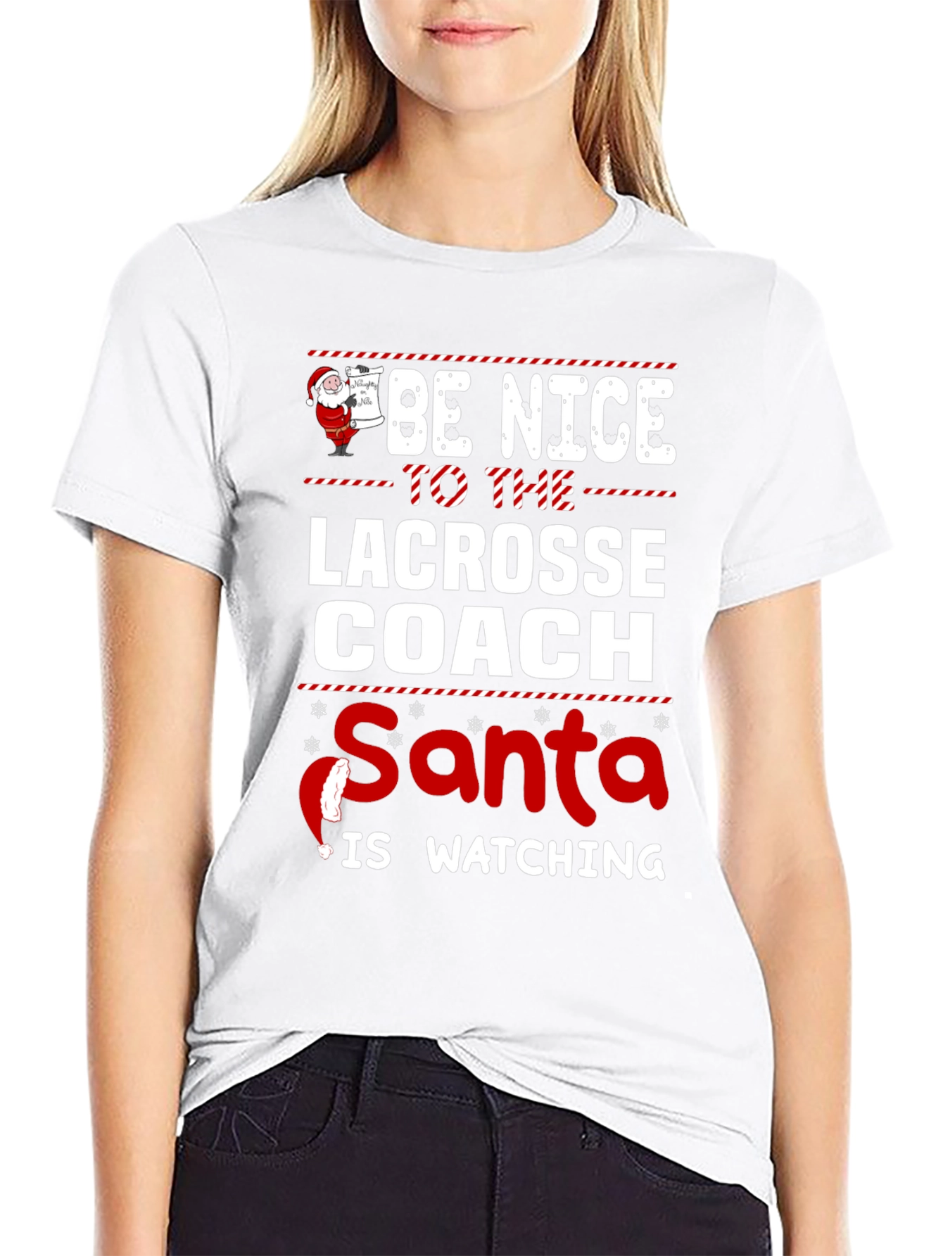 Lacrosse Coach Santa Watching T-Shirt Holiday Gift