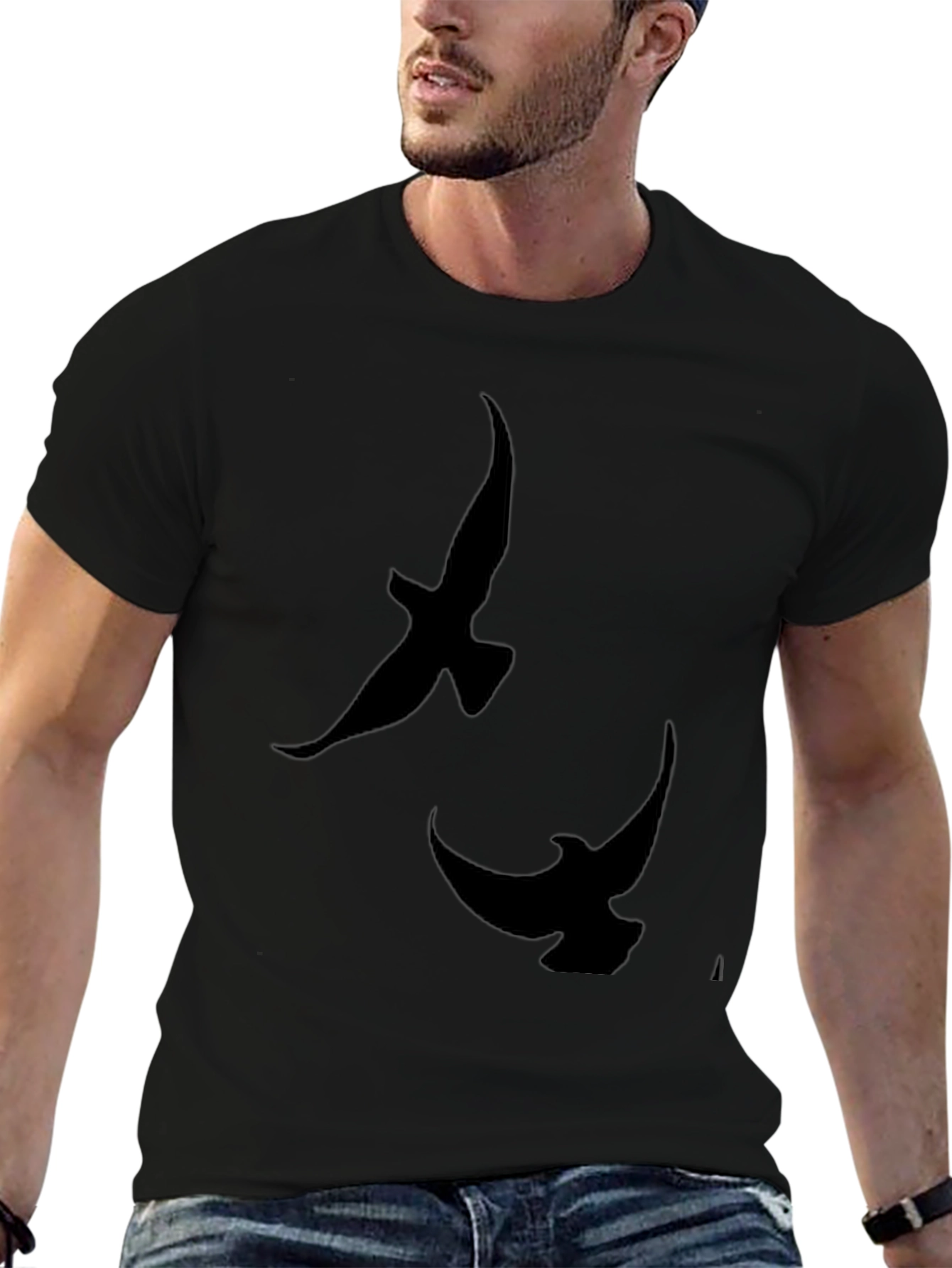 Mens Black T-Shirt with Bird Silhouette Design