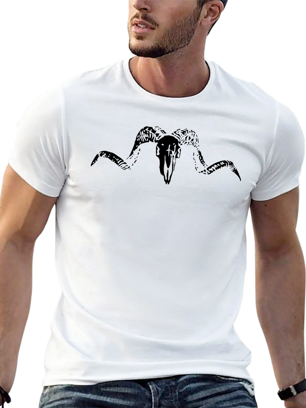 Mens Black T-Shirt with Ram Skull Graphic