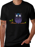 Owl on Branch Graphic Tee - Black Cotton T-Shirt