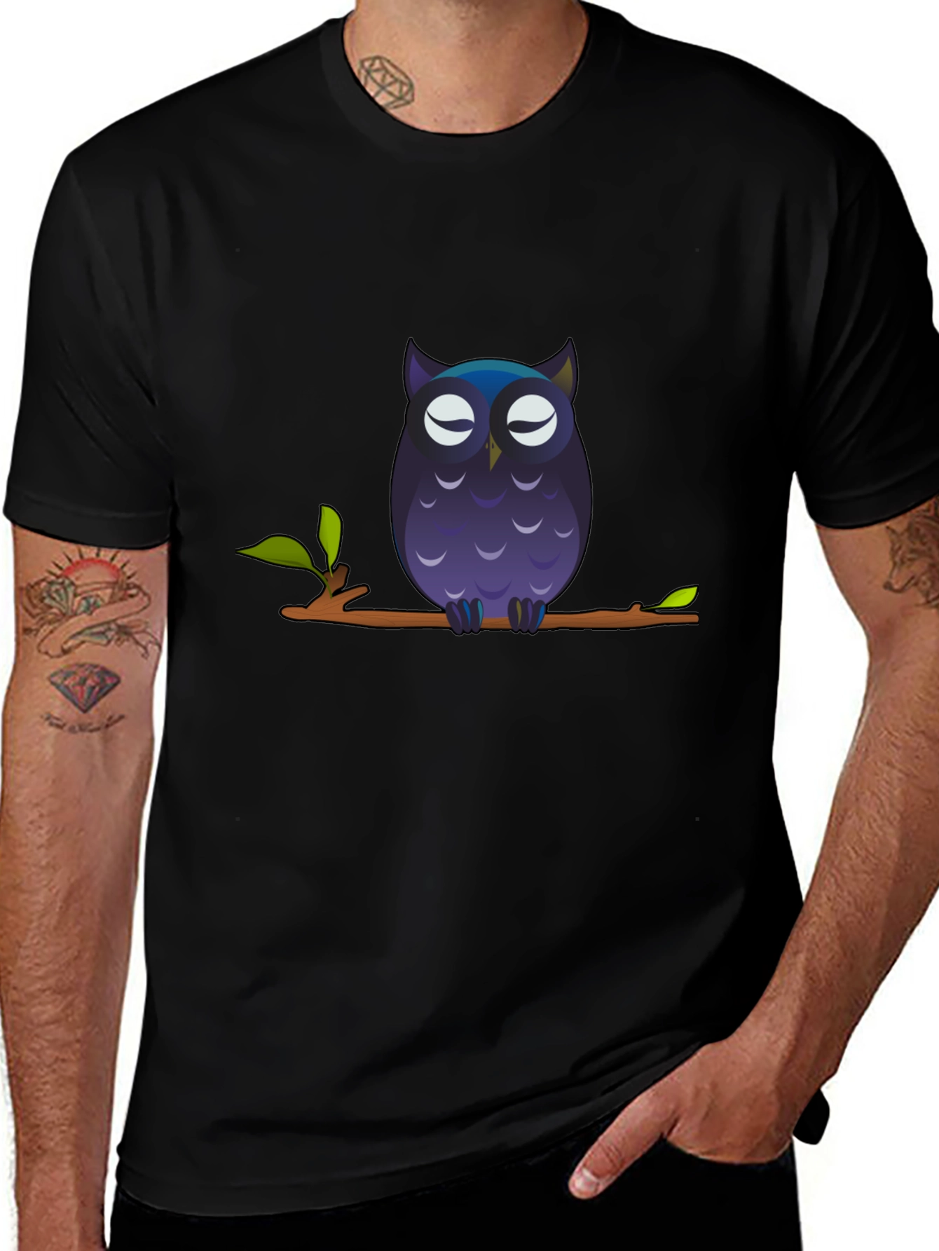 Owl on Branch Graphic Tee - Black Cotton T-Shirt