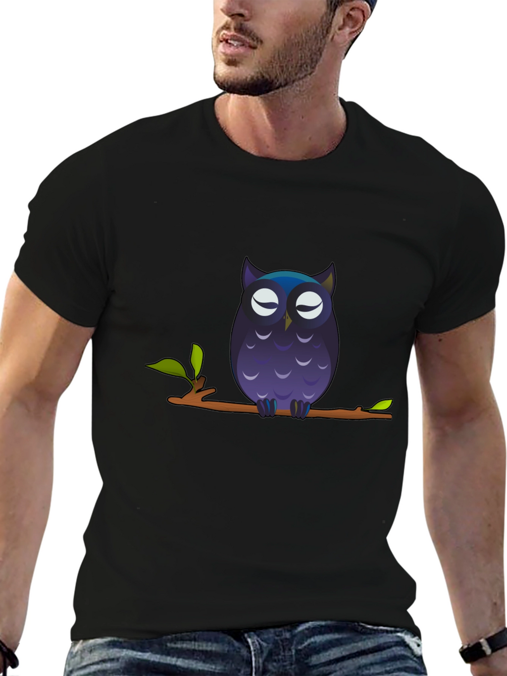 Owl on Branch Graphic Tee - Black Cotton T-Shirt