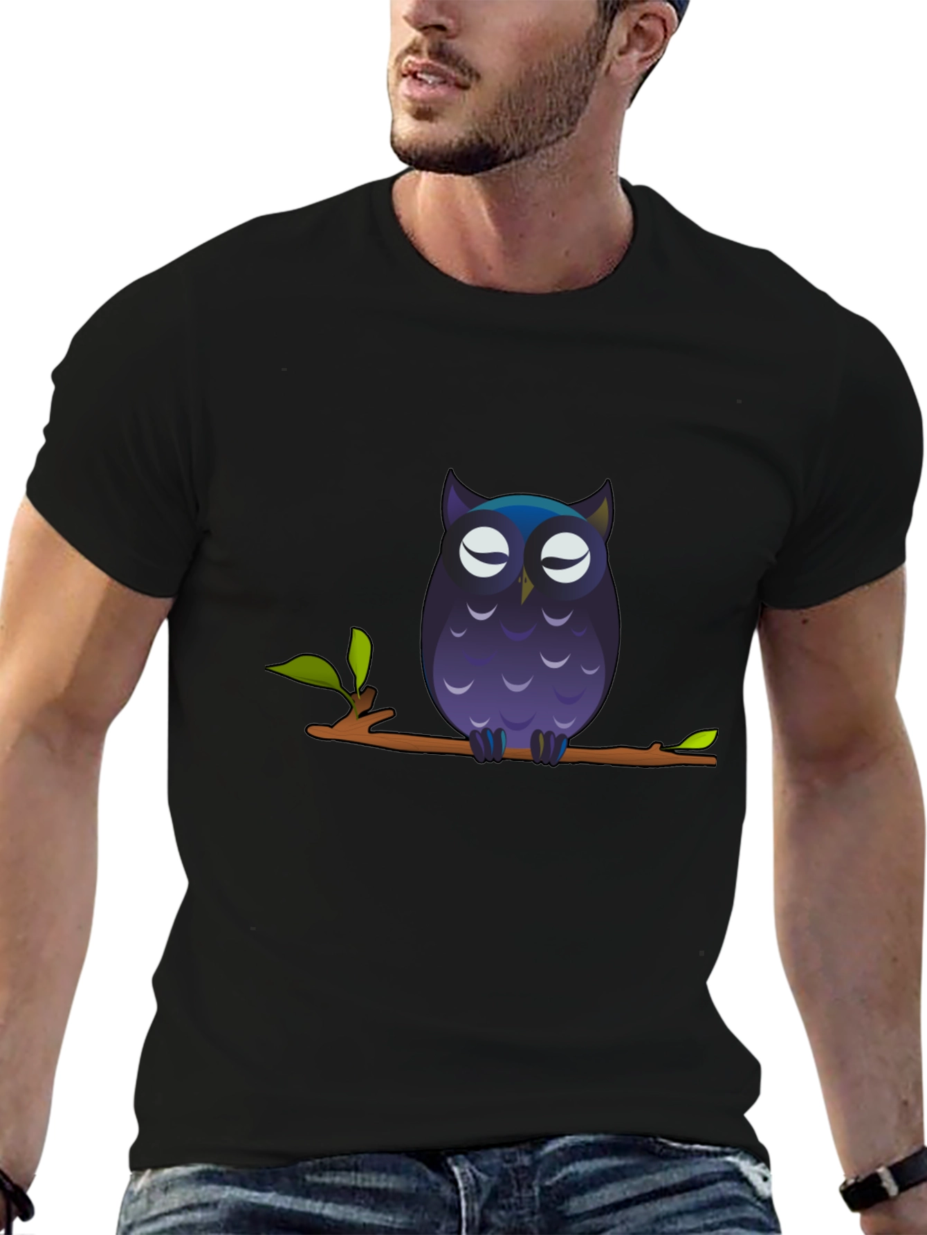 Owl on Branch Graphic Tee - Black Cotton T-Shirt