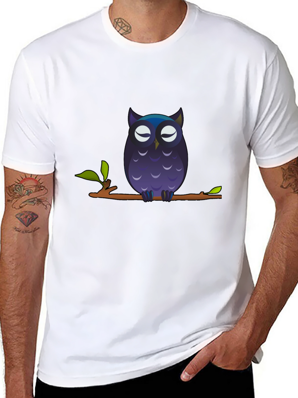 Owl on Branch Graphic Tee - Black Cotton T-Shirt