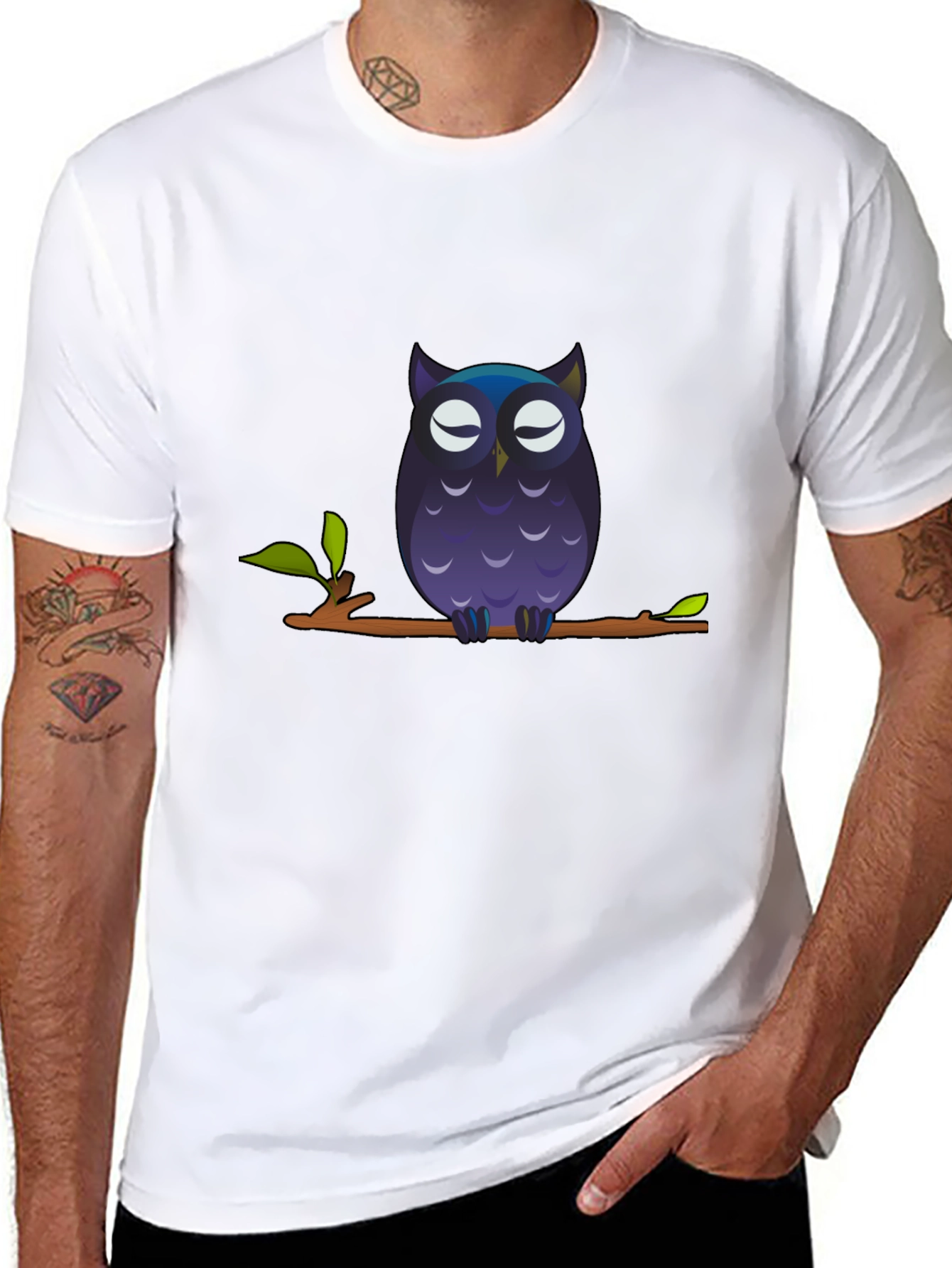 Owl on Branch Graphic Tee - Black Cotton T-Shirt