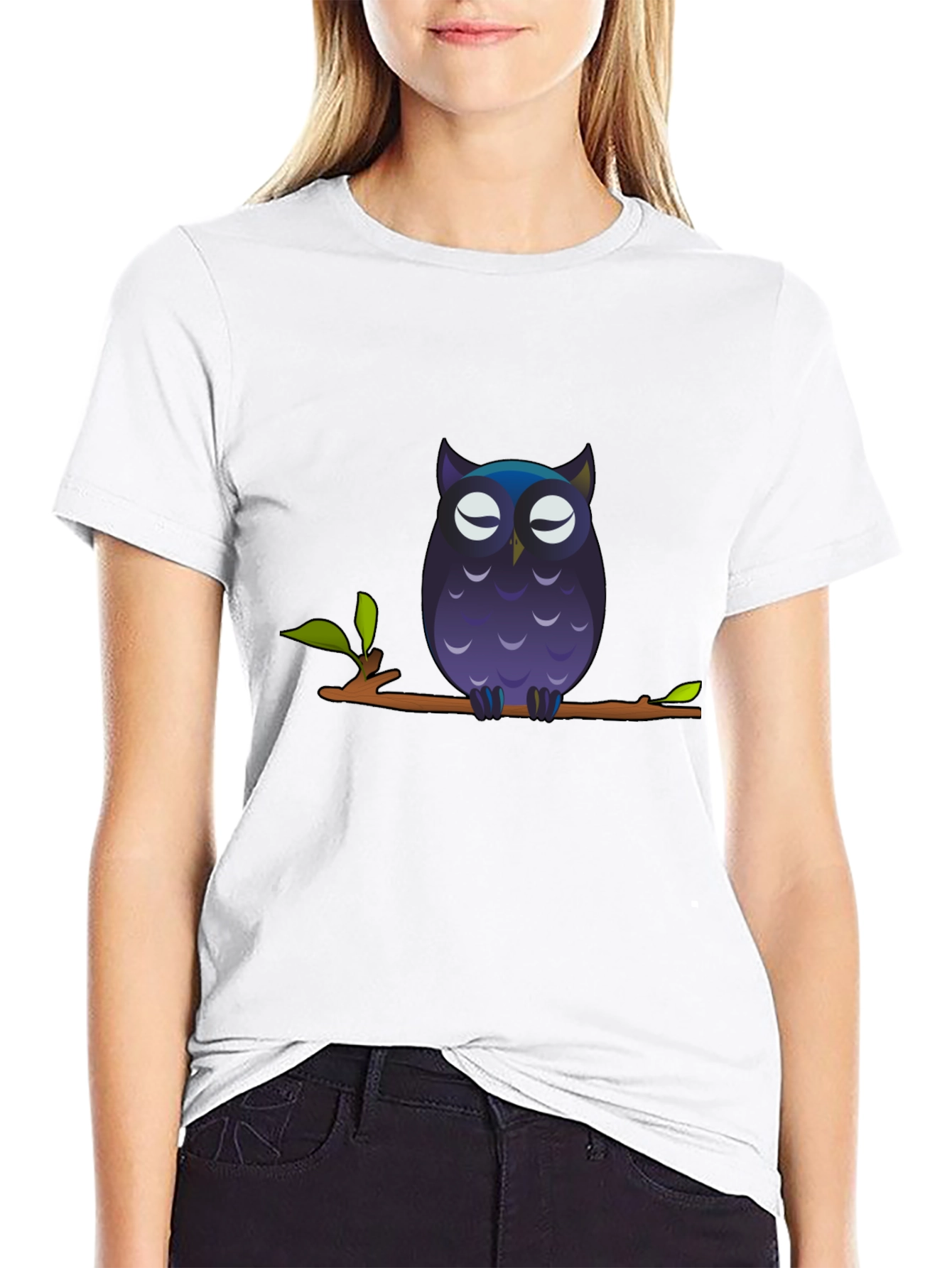 Owl on Branch Graphic Tee - Black Cotton T-Shirt