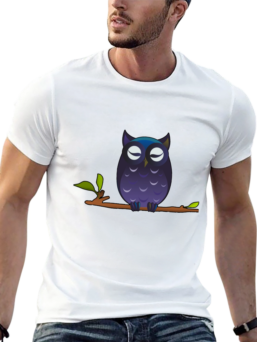 Owl on Branch Graphic Tee - Black Cotton T-Shirt