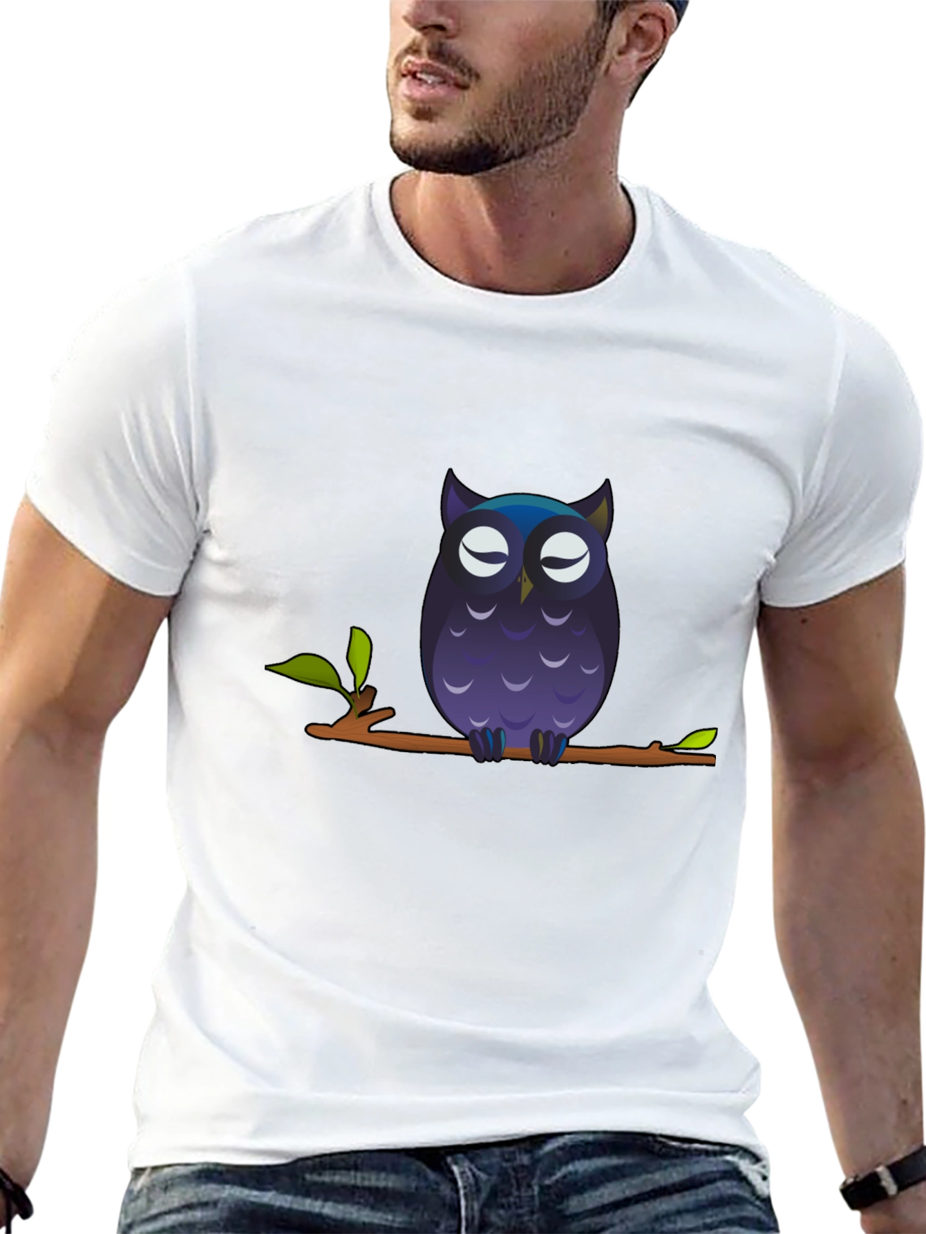 Owl on Branch Graphic Tee - Black Cotton T-Shirt