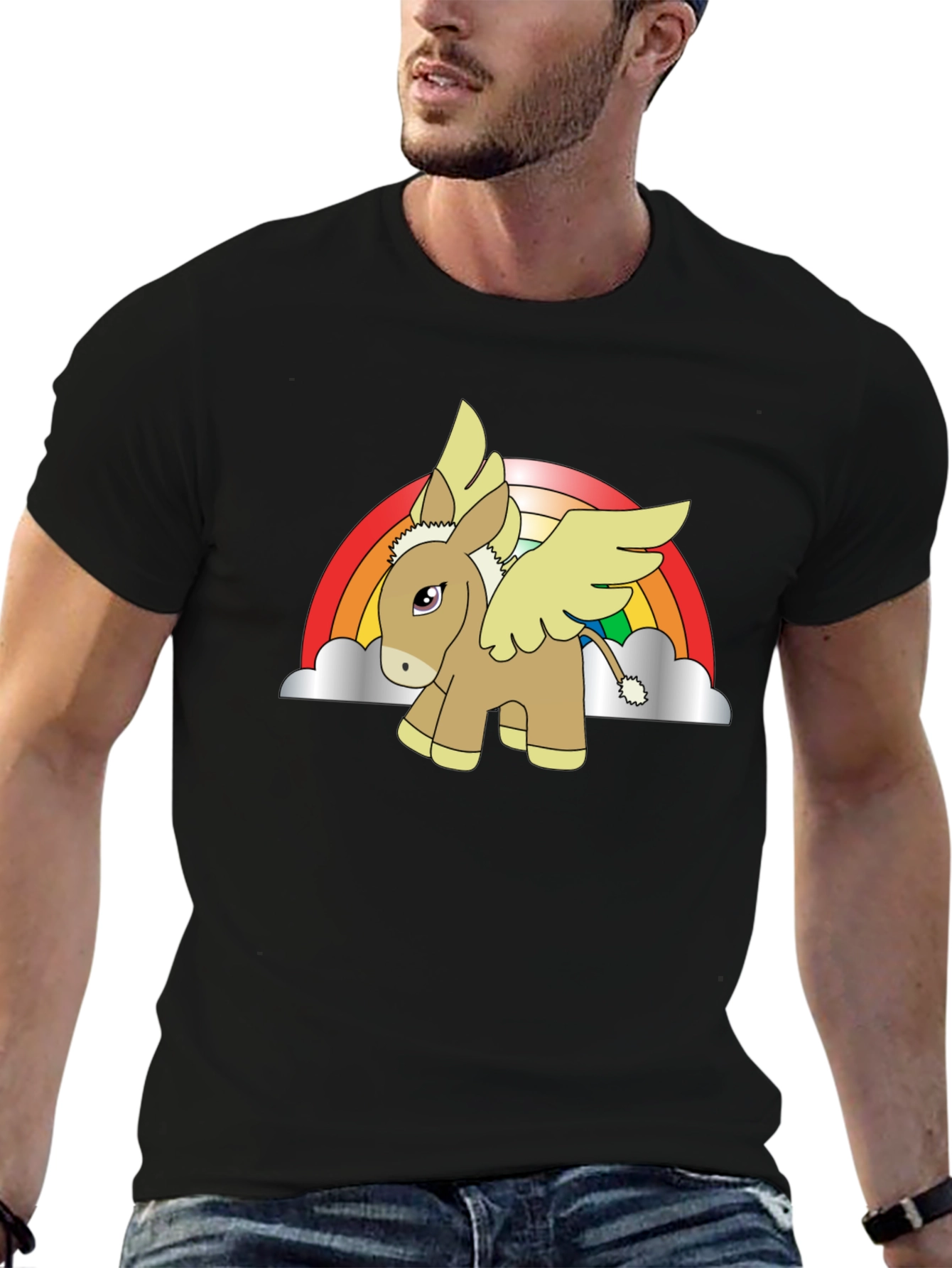 Rainbow Donkey Pegasus Black T-Shirt