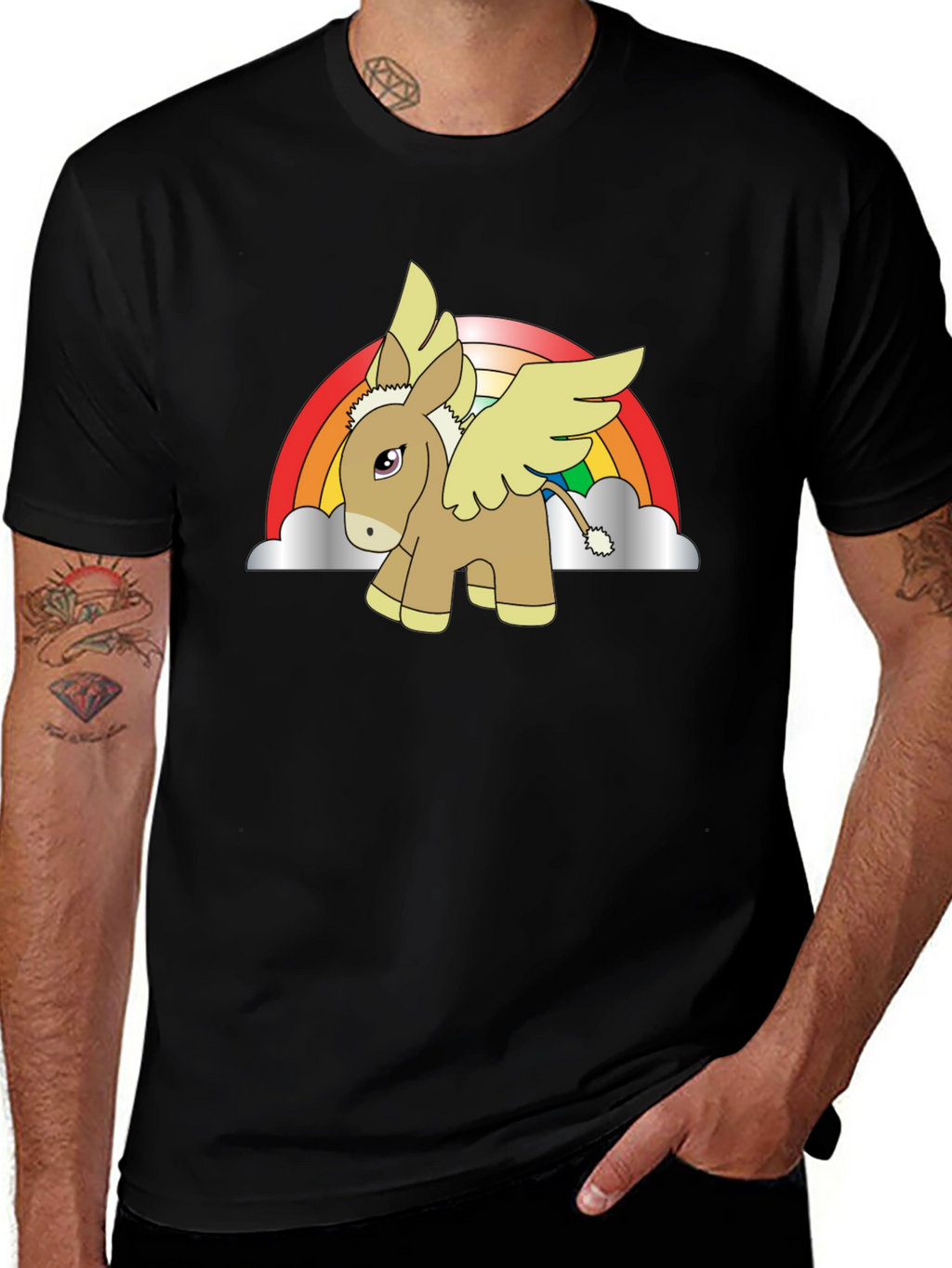 Rainbow Donkey Pegasus Black T-Shirt