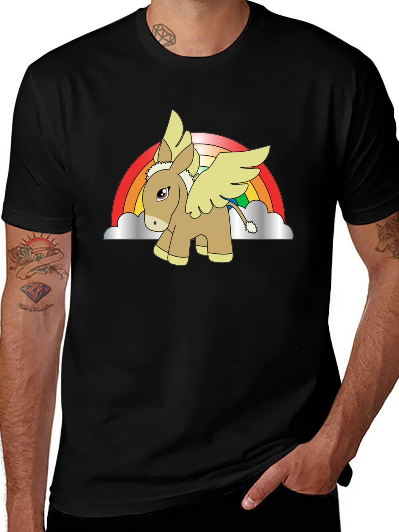 Rainbow Donkey Pegasus Black T-Shirt
