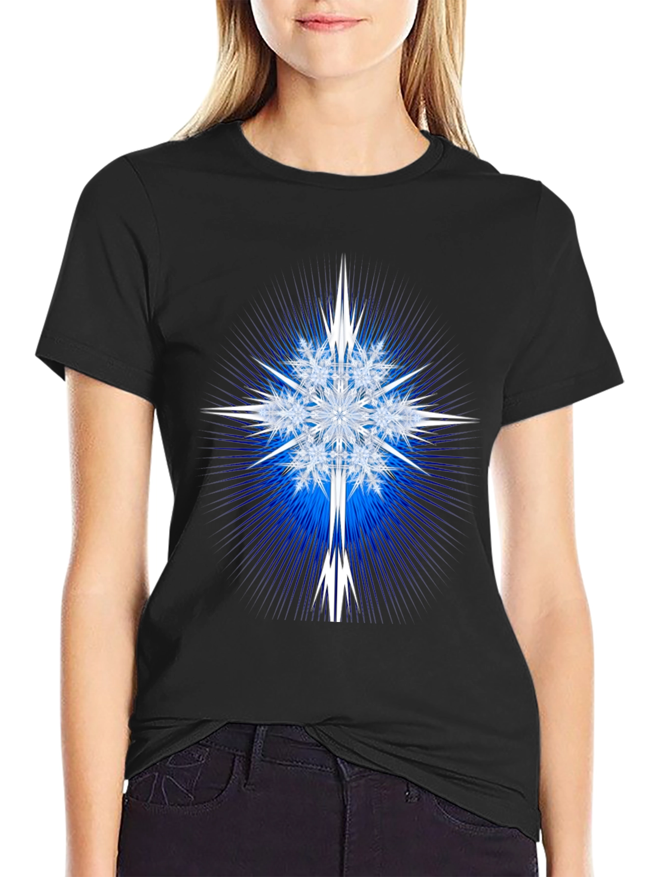 Geometric Snowflake Graphic Tee - Black