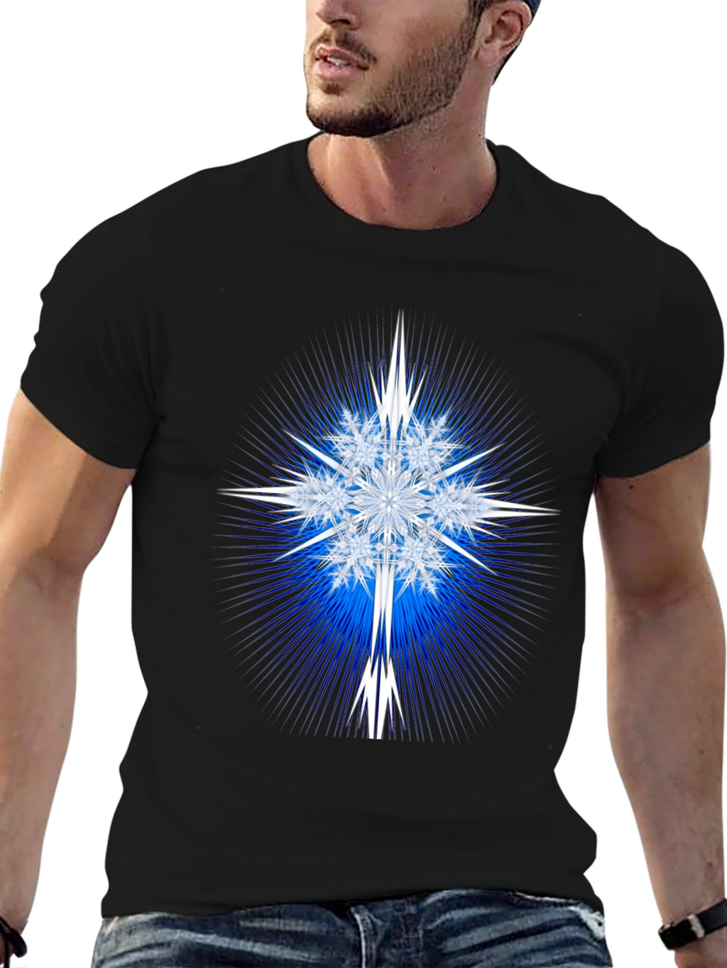 Geometric Snowflake Graphic Tee - Black