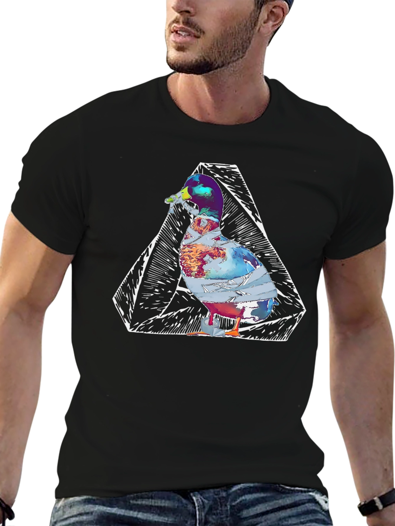 Abstract Duck Graphic Print Black T-Shirt