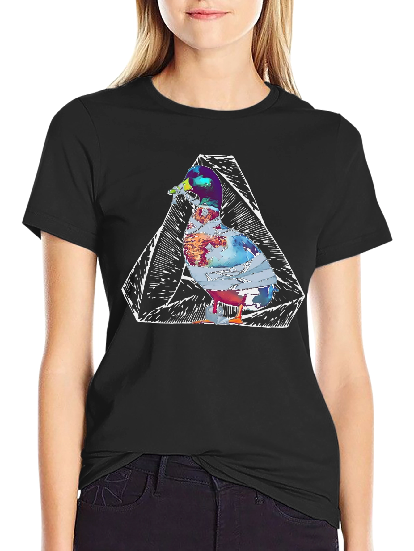 Abstract Duck Graphic Print Black T-Shirt