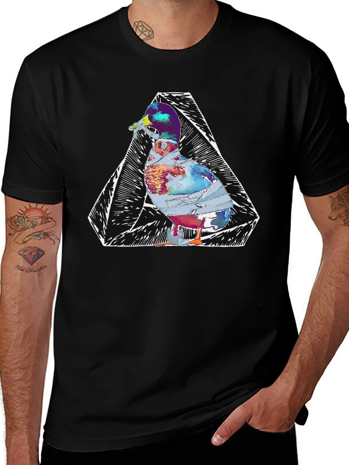 Abstract Duck Graphic Print Black T-Shirt