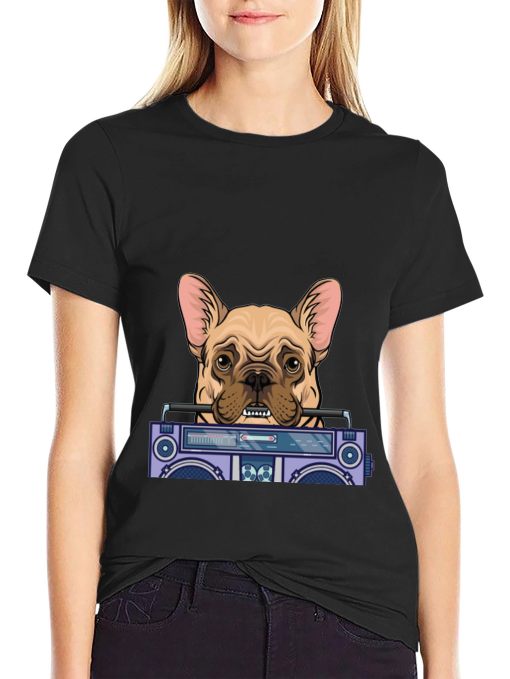 Dog with Boombox Graphic Tee - Black Cotton Blend
