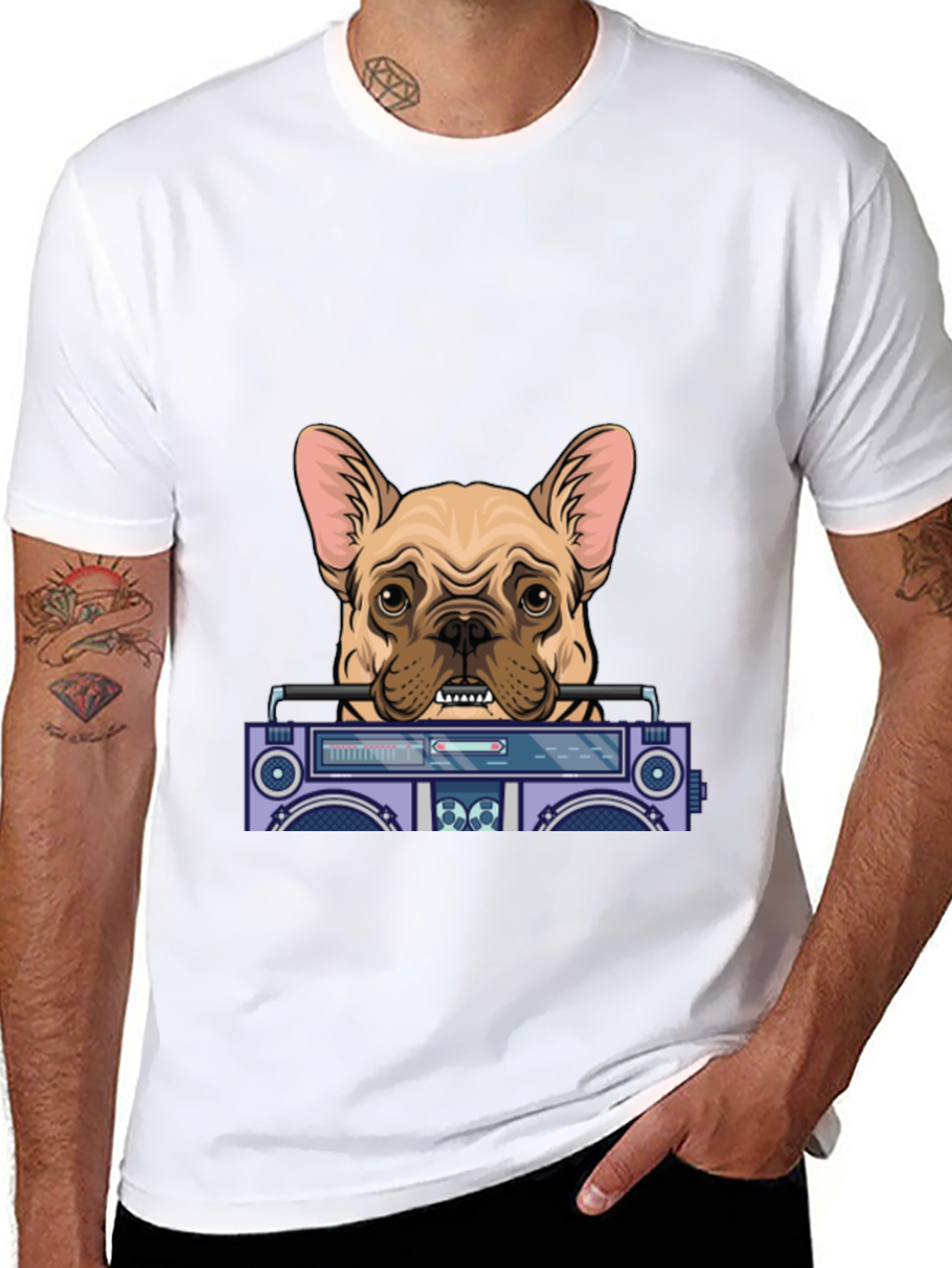 Dog with Boombox Graphic Tee - Black Cotton Blend