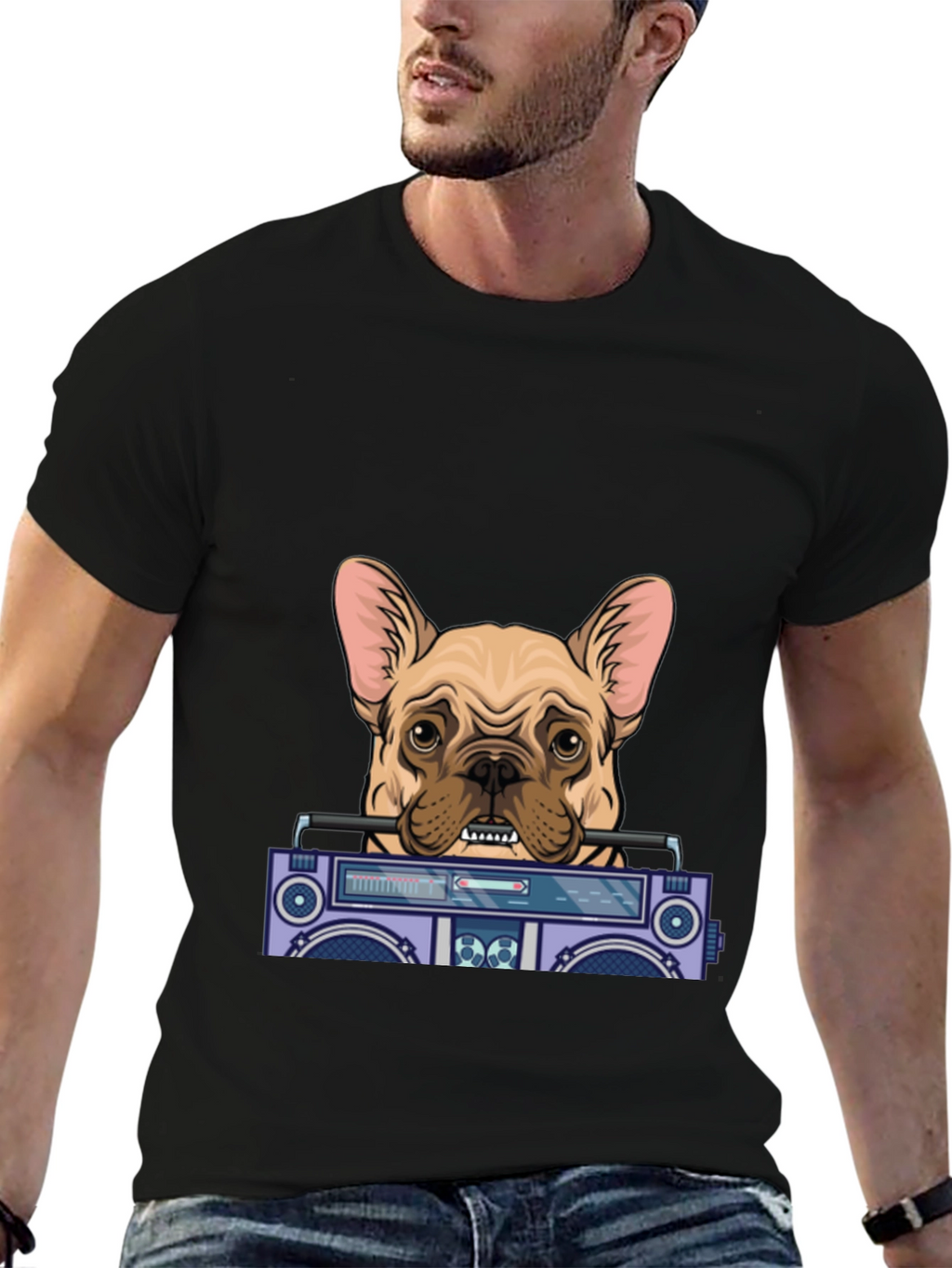 Dog with Boombox Graphic Tee - Black Cotton Blend