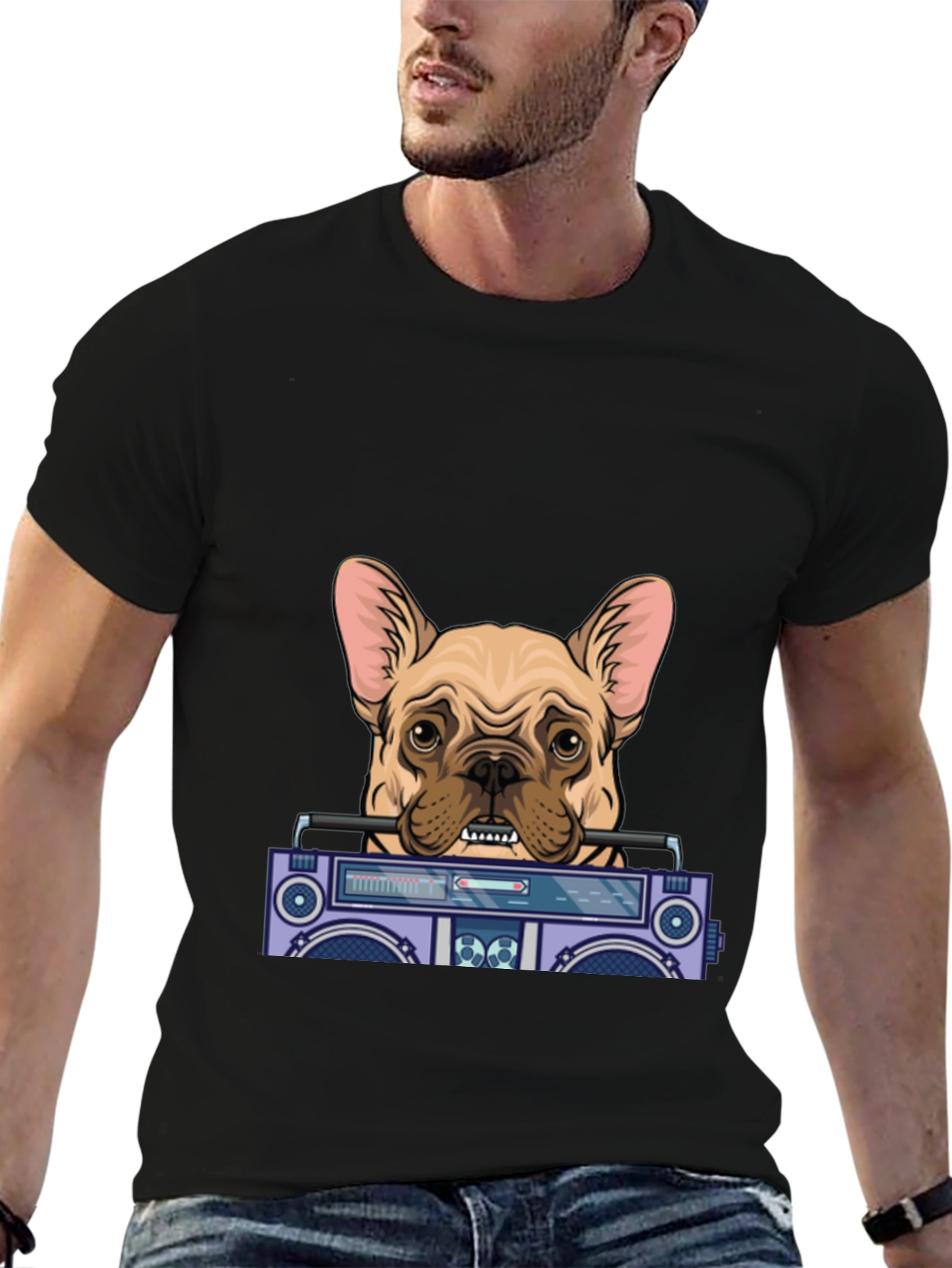 Dog with Boombox Graphic Tee - Black Cotton Blend