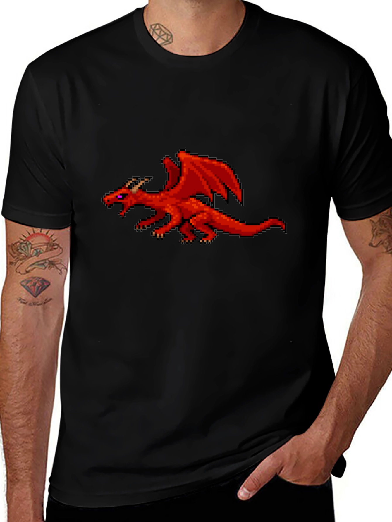 Pixel Red Dragon Graphic Black T-Shirt