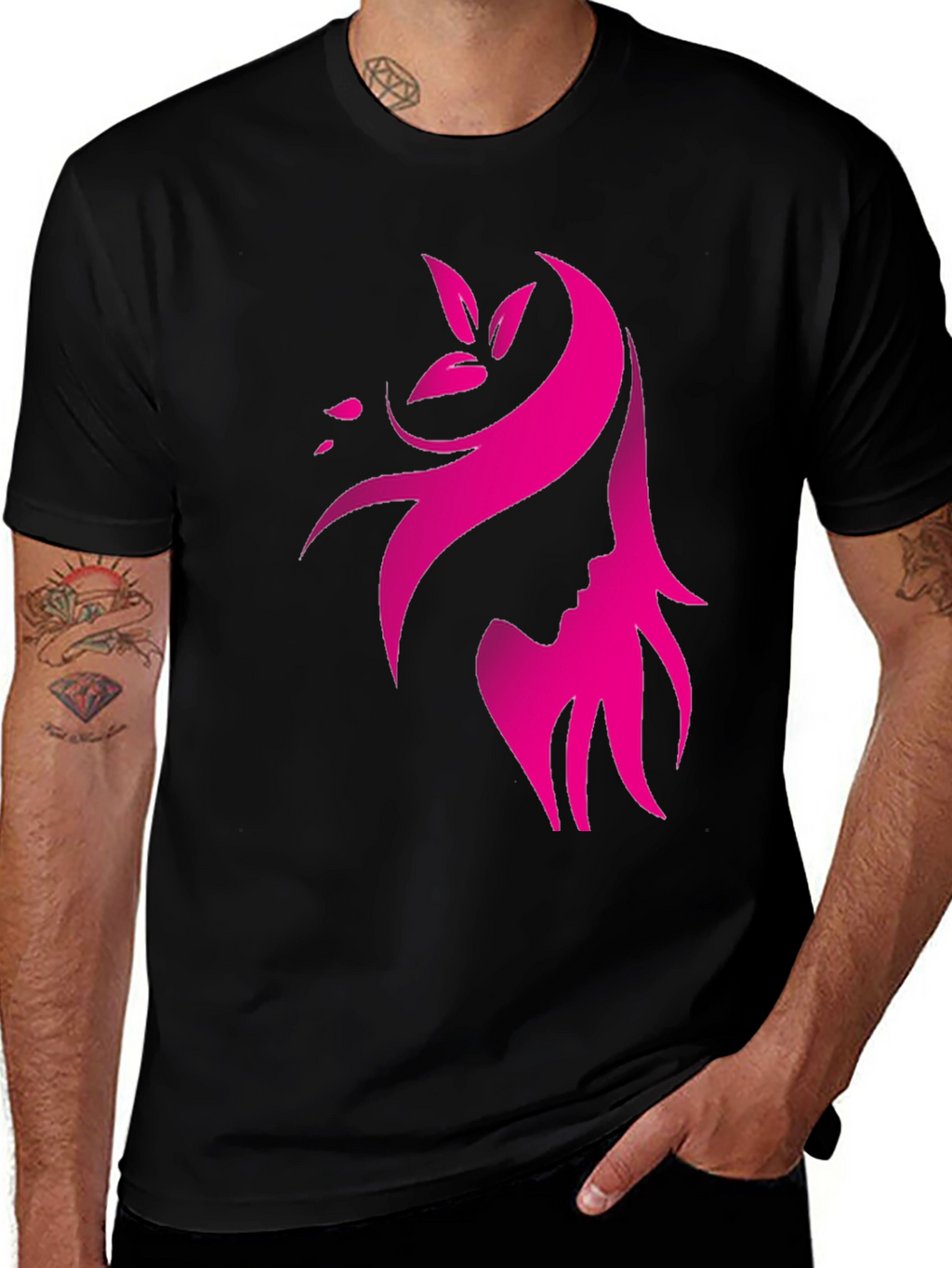 Elegant Pink Silhouette Graphic Black T-Shirt