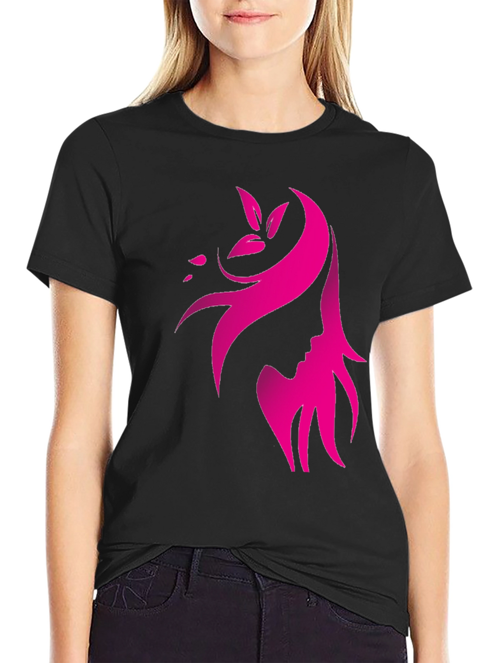 Elegant Pink Silhouette Graphic Black T-Shirt