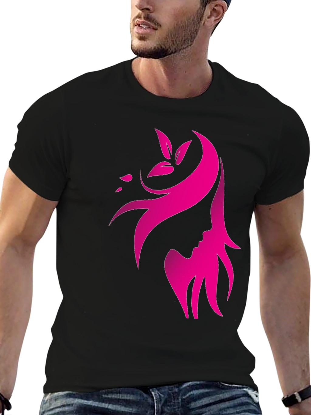 Elegant Pink Silhouette Graphic Black T-Shirt